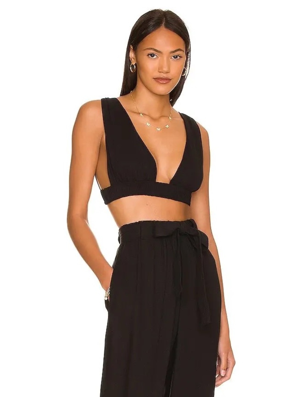 NEW Indah Raina Black Cropped Double Deep Plunge Bralette Top Size Small (S)